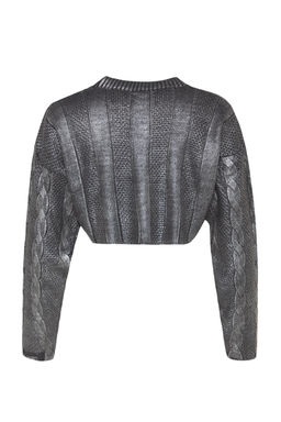 TRENDYOLMILLA Antrasit Super Crop Sac Orgulu Varak Bask?l? Triko Kazak TWOAW24KZ01074