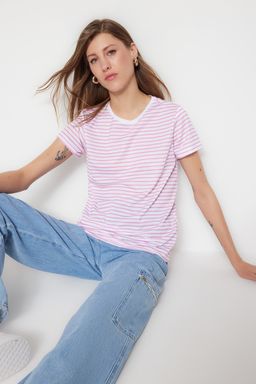 TRENDYOLMILLA Kahverengi-Bej-Haki Cizgili 3lu Paket Basic Bisiklet Yaka Orme T-Shirt TWOSS20TS0146 фото 36