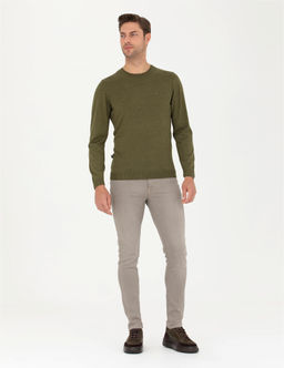 A__k Ye_il Slim Fit Bisiklet Yaka Y_n Kar___ml_ Basic Triko Kazak