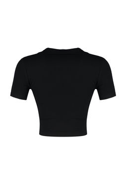 Siyah Fitted/Vucuda Oturan Crop Polo Yaka Fitilli Esnek Orme Bluz TWOSS21BZ0038