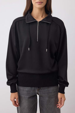 Siyah Fermuar Detayl? Oversize/Genis Kal?p Esnek Orme Sweatshirt TWOAW26SW00080 - Trendyolmilla фото 3