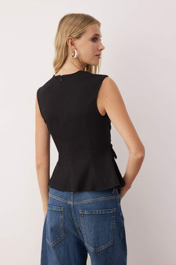 Siyah Pamuklu Gabardin Peplum Cep Detayl? Dokuma Bluz TWOSS25BZ00538