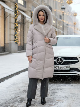 Двубортное пальто зимнее утепленное с мехом и капюшоном светло-коричневого цвета 7626SK - Visdeer фото 19