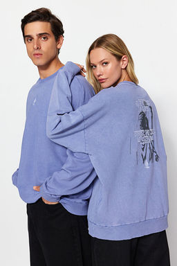 Lila Unisex Oversize/Geni_ Kesim %100 Pamuk Eskitme/Soluk Efektli Mistik Sweatshirt TMNAW24SW00189
