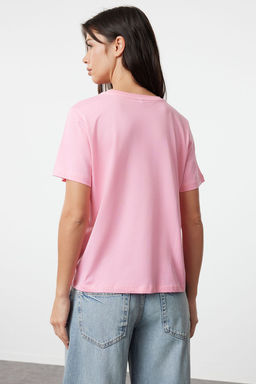 Pembe-beyaz %100 Pamuk Bisiklet Yaka 2li Paket Orme T-Shirt TWOSS20TS0141