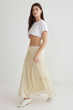 Ac?k Sar? Tul Cicek bask?l? Buzgu/Drape Detayl? Esnek Etek TWOSS25ET00064