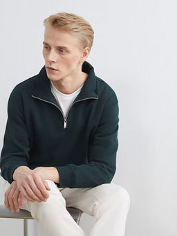 Fermuarl? Dik Yaka Erkek Kal?n Sweatshirt