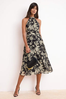 Siyah Kusakl? Cicekli Sifon Ucus Ucus Dokuma Midi Elbise TWOSS20EL2536