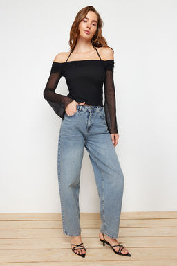 Siyah Flare Kollu Baglama Detayl? Orme Madonna Yaka Bluz TWOSS24BZ00046