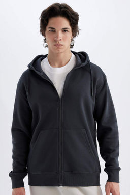 Regular Fit Kapusonlu Ici Yumusak Tuylu Cepli Basic Duz Fermuarl? Sweatshirt - Defacto фото 3