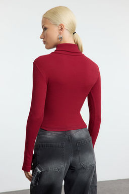 Bordo Fitted/Vucuda Oturan Bal?kc? Yaka Parmak Detayl? Fitilli Esnek Orme Bluz TWOAW21BZ0071