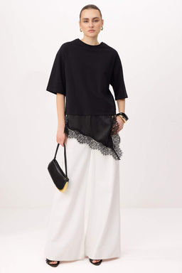 Siyah Oversize/Genis Kal?p Asimetrik Dantel Detayl? %100 Pamuk Orme T-shirt TWOSS26TS00296 - Trendyolmilla фото 2