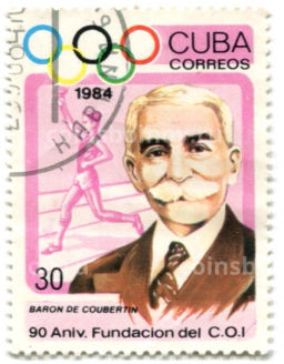 Марка Барон Пьер де Кубертен 1984 год Куба
