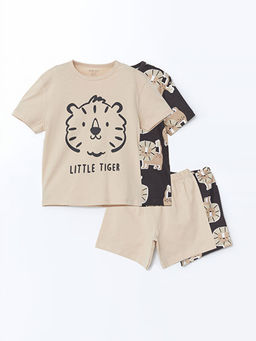 Bisiklet Yaka Bask?l? Erkek Bebek ?ortlu Pijama Tak?m 2li