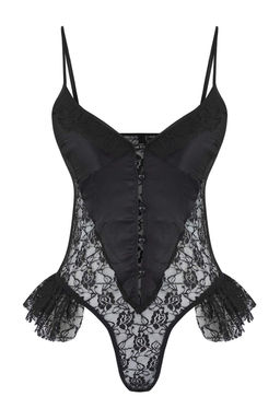 Siyah Dantel ve Saten Birliktelikli F?rf?rl? Kaps?z Fantezi Body THMAW26BD00003