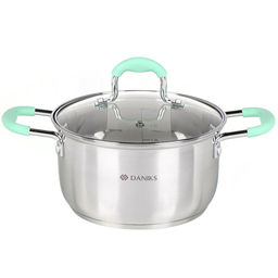 Кастрюля нерж/ сталь, 2.5 л, с крышкой, крышка стекло, силикон/ ручки мятные, SD23-18 Daniks 451815