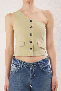 Trendyolmilla Haki Regular Keten Gorunumlu Tek Kol Dokuma Yelek TWOSS25YE00086  фото 12