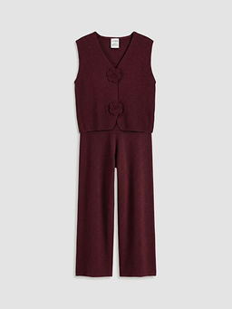 ?i?ekli D??meli K?z ?ocuk Triko Yelekli Tak?m