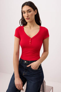 Ekru Fitted/Vucuda Oturan V Yaka K?sa Kollu Pamuk Ribana Orme T-Shirt TWOSS26TS00125 - Trendyolmilla фото 9