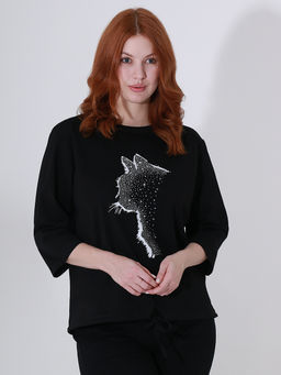 Блузка принт кошка со стразами