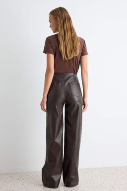 Kahverengi D_z Wide Leg/Geni_ Pa_a Suni Deri _rme Pantolon TWOAW27PL00024 - Trendyolmilla фото 4