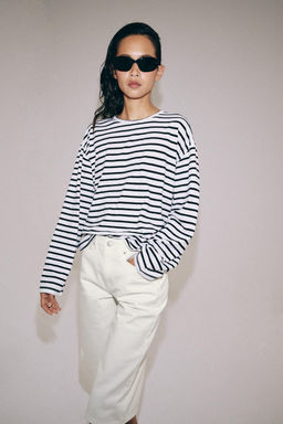 CAMISETA ALGOD?N Y LINO RAYAS / Negro / Blanco - Zara фото 2