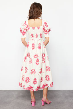 Pembe Desenli Kare Yaka Keten Gorunumlu Kemerli Midi Dokuma Elbise TWOSS24EL00779 - Trendyolmilla фото 6