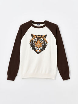 Bisiklet Yaka Bask?l? Uzun Kollu Erkek ?ocuk Triko Kazak