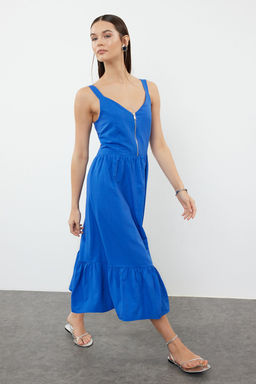 Koyu Mavi Belden Ac?lan Fermuar Detayl? Midi Astarl? Dokuma Elbise TWOSS20EL2208