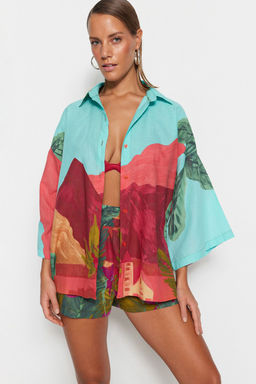 Manzara Desenli Dokuma %100 Pamuk Plaj Gomlek-Sort Tak?m TBESS22AU0040