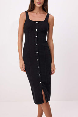 Siyah Dugme Detayl? Orta Esnek Midi Denim Elbise TWOSS26EL00356 - Trendyolmilla фото 3