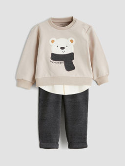 Bask?l? Erkek Bebek Sweatshirt ve Pantolon 2li