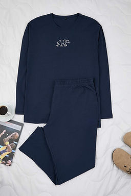 Lacivert Regular Nak__l_ _rme B_y_k Beden Pijama Tak_m_ TMNAW25AI00000