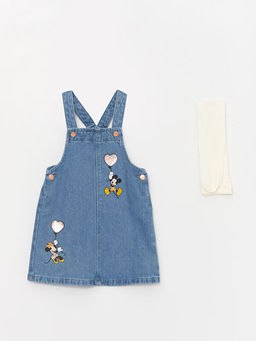Kare Yaka Mickey Mouse Bask?l? K?z Bebek Jean Salopet ve K?lotlu ?orap 2li