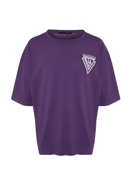 Mor Oversize Bisiklet Yaka K?sa Kollu Sehir Bask?l? %100 Pamuklu T-Shirt TMNSS20TS1102