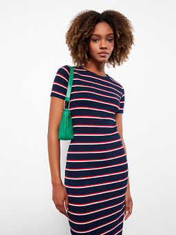 Bisiklet Yaka ?izgili K?sa Kollu Kad?n Bodycon Elbise