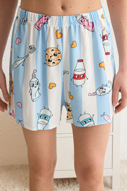 Trendyolmilla Kad?n Mini Me/Anne K?z Ac?k Mavi Eglence Desenli Viskon Sortlu Dokuma Pijama Tak?m? THMSS22PT0069 фото 5