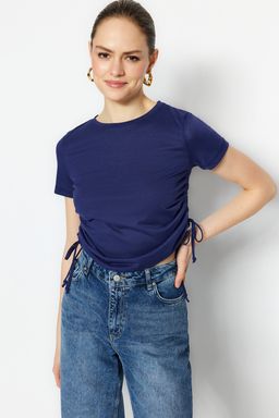 Lacivert %100 Pamuk Bisiklet Yaka Buzgulu Basic Orme T-Shirt TWOSS21TS0131