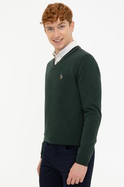 U. S. Polo Assn / Мужской зеленый базовый трикотажный свитер с v-образным вырезом - U.s. polo assn фото 3