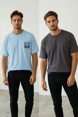 Mavi-Antrasit Oversize/Geni_ Kesim 2li Paket Bask_l_-D_z %100 Pamuk T-Shirt TMNSS25TS00212