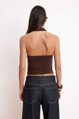 Kahverengi Regular/Normal Kal?p Boyundan Baglamal? Kolsuz Esnek Orme Bluz TWOSS26BZ00521