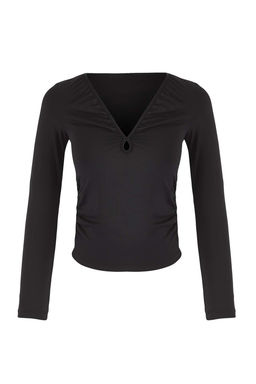 Teen Siyah Fitted/Vucuda Oturan V Yaka Orme Bluz TWOAW26BZ00175 - Trendyolmilla фото 5