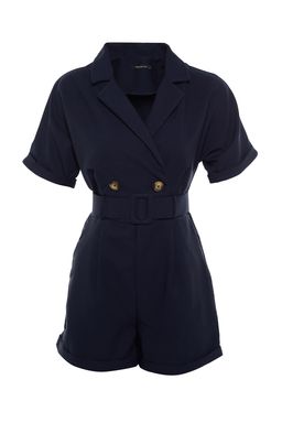 Lacivert Kemerli Kurvaze Yaka Mini Dokuma Tulum TWOSS19WX0112