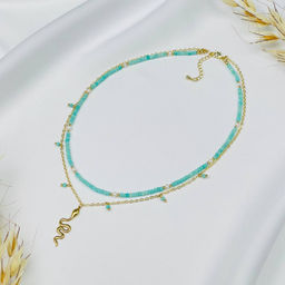 Колье двойное из Амазонита и Жемчуга с подвеской "Змея" 38/42 см +