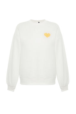 Ekru Kal?n Ici Polarl? Gogus ve S?rt Kabartma Bask?l? Oversize Orme Sweatshirt TWOAW24SW00226