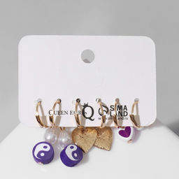 Набор серьги 3 пары Тинейдж, цвет бело-фиолетовый в золоте - Queen fair фото 2