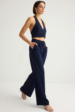 Koyu Lacivert Wide Leg/Genis Paca Pilili Dokuma Pantolon TWOSS21PL0189