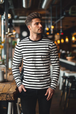 TRENDYOL MAN Siyah Oversize/Genis Kesim Cizgili Bisiklet Yaka Uzun Kol Pamuklu T-Shirt TMNAW25TS00007 - Trendyolmilla фото 2