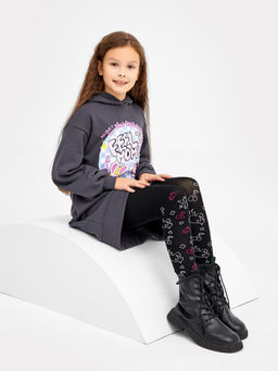 Цена за 3 пары! Колготки детские черные с плюшевым следом и рисунком в виде надписей