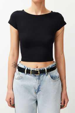 Siyah Crop Fitted Orme T-Shirt TEDSS24TS00017